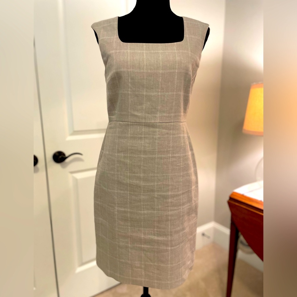 Ann Taylor tan and white, cotton/linen sleeveless dress.